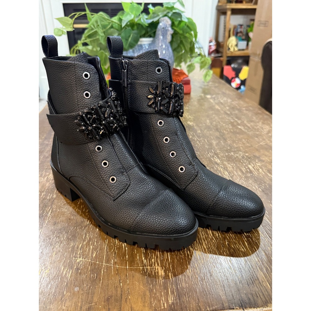 Karl Lagerfeld Paris Payson Embellished Combat Boots Black Lug Sole US 10